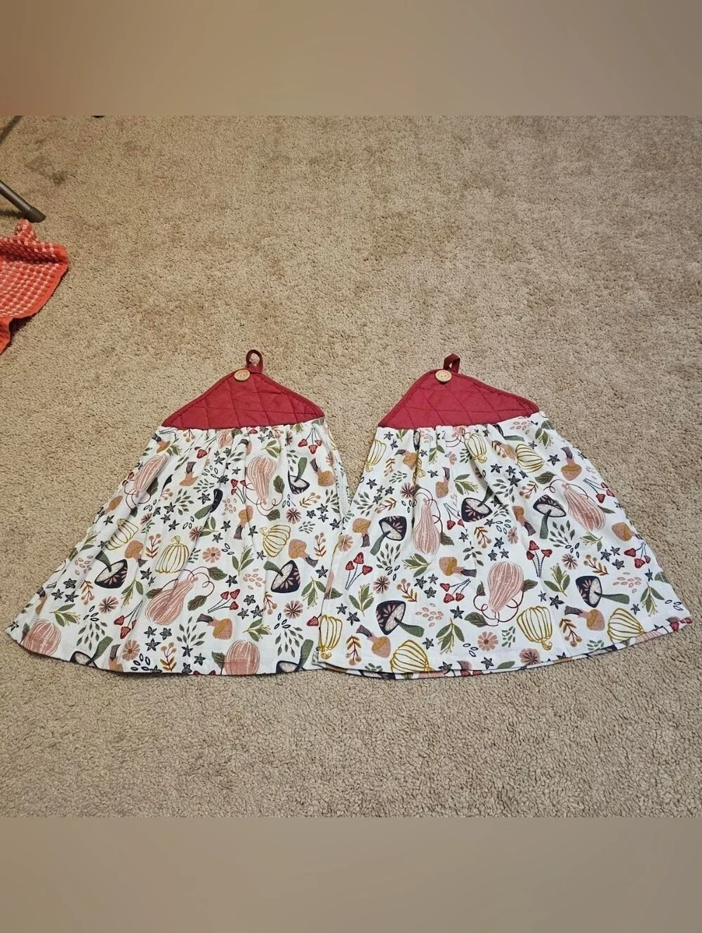 2 Handcrafted Potholders Attached To Towels | Red + White | Mushrooms + Gourds